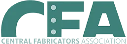 Logo for the Central Fabricators Association (CFA). Large teal letters spell out "CFA" on a black background, with the "F" featuring three light-gray circular dots resembling structural rivets. Below the acronym, the full text "CENTRAL FABRICATORS ASSOCIATION" is written in a clean, white, all-caps font. Founded in 1926, CFA is a regional non-profit trade group for Midwest structural steel fabricators, of which PKM Steel is an active member.